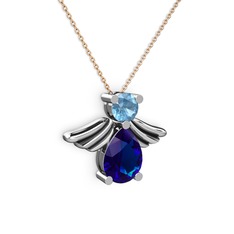 Lab safir ve akuamarin 14 ayar beyaz altın kolye (40 cm rose altın rolo zincir)