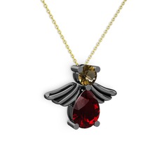 Fabriel Melek Kolye - Garnet ve dumanlı kuvars 925 ayar siyah rodyum kaplama gümüş kolye (40 cm gümüş rolo zincir) #fza627