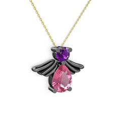 Fabriel Melek Kolye - Pembe kuvars ve ametist 925 ayar siyah rodyum kaplama gümüş kolye (40 cm altın rolo zincir) #gney8p