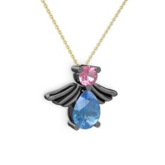 Akuamarin ve pembe kuvars 925 ayar siyah rodyum kaplama gümüş kolye (40 cm altın rolo zincir)