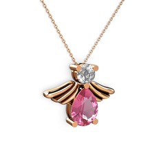 Pembe kuvars ve beyaz zirkon 18 ayar rose altın kolye (40 cm rose altın rolo zincir)