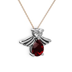 Garnet ve swarovski 8 ayar beyaz altın kolye (40 cm rose altın rolo zincir)