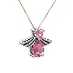 Fabriel Melek Kolye - Pembe kuvars 14 ayar beyaz altın kolye (40 cm rose altın rolo zincir) #htqwnd