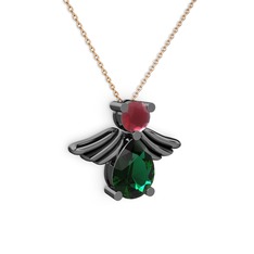 Yeşil kuvars ve kök yakut 925 ayar siyah rodyum kaplama gümüş kolye (40 cm rose altın rolo zincir)