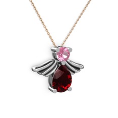 Fabriel Melek Kolye - Garnet ve pembe kuvars 14 ayar beyaz altın kolye (40 cm rose altın rolo zincir) #ijneg1