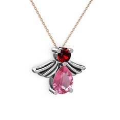 Pembe kuvars ve garnet 8 ayar beyaz altın kolye (40 cm rose altın rolo zincir)