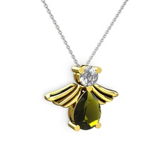 Peridot ve beyaz zirkon 14 ayar altın kolye (40 cm gümüş rolo zincir)