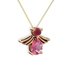 Pembe kuvars ve kök yakut 925 ayar rose altın kaplama gümüş kolye (40 cm altın rolo zincir)