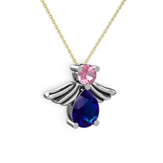 Lab safir ve pembe kuvars 14 ayar beyaz altın kolye (40 cm altın rolo zincir)