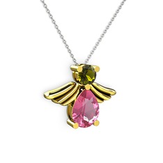 Pembe kuvars ve peridot 18 ayar altın kolye (40 cm beyaz altın rolo zincir)