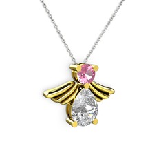 Swarovski ve pembe kuvars 14 ayar altın kolye (40 cm beyaz altın rolo zincir)