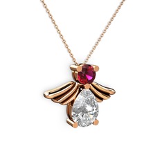 Beyaz zirkon ve rodolit garnet 14 ayar rose altın kolye (40 cm rose altın rolo zincir)