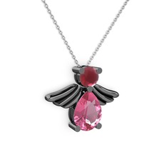 Fabriel Melek Kolye - Pembe kuvars ve kök yakut 925 ayar siyah rodyum kaplama gümüş kolye (40 cm beyaz altın rolo zincir) #mf1ib1