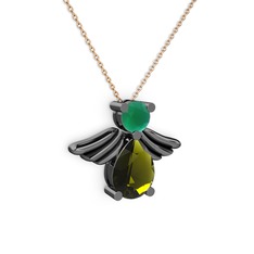 Fabriel Melek Kolye - Peridot ve kök zümrüt 925 ayar siyah rodyum kaplama gümüş kolye (40 cm rose altın rolo zincir) #mua28d