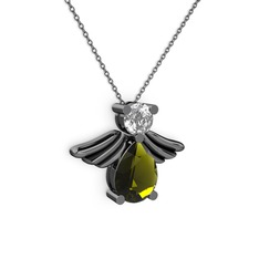 Fabriel Melek Kolye - Peridot ve beyaz zirkon 925 ayar siyah rodyum kaplama gümüş kolye (40 cm gümüş rolo zincir) #n100l4