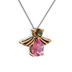 Pembe kuvars ve dumanlı kuvars 18 ayar rose altın kolye (40 cm gümüş rolo zincir)