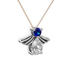 Swarovski ve lab safir 8 ayar beyaz altın kolye (40 cm gümüş rolo zincir)