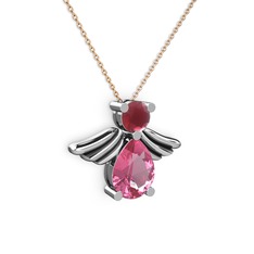 Fabriel Melek Kolye - Pembe kuvars ve kök yakut 14 ayar beyaz altın kolye (40 cm rose altın rolo zincir) #nvim3i