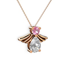 Fabriel Melek Kolye - Swarovski ve pembe kuvars 8 ayar rose altın kolye (40 cm rose altın rolo zincir) #o21roi