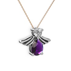 Fabriel Melek Kolye - Ametist ve swarovski 14 ayar beyaz altın kolye (40 cm rose altın rolo zincir) #o75wpe