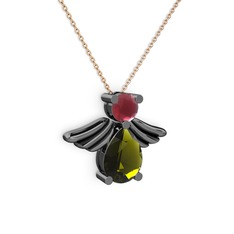 Peridot ve kök yakut 925 ayar siyah rodyum kaplama gümüş kolye (40 cm rose altın rolo zincir)