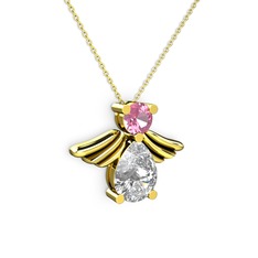 Fabriel Melek Kolye - Swarovski ve pembe kuvars 8 ayar altın kolye (40 cm altın rolo zincir) #pazar5