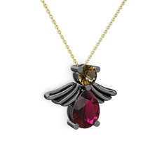 Fabriel Melek Kolye - Rodolit garnet ve dumanlı kuvars 925 ayar siyah rodyum kaplama gümüş kolye (40 cm altın rolo zincir) #pek75n