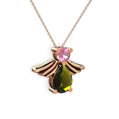 Peridot ve pembe kuvars 18 ayar rose altın kolye (40 cm gümüş rolo zincir)