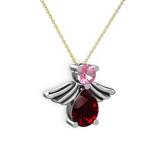 Fabriel Melek Kolye - Garnet ve pembe kuvars 18 ayar beyaz altın kolye (40 cm gümüş rolo zincir) #s6efhj