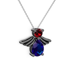 Fabriel Melek Kolye - Lab safir ve garnet 925 ayar siyah rodyum kaplama gümüş kolye (40 cm gümüş rolo zincir) #swota3