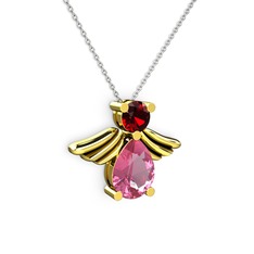 Pembe kuvars ve garnet 14 ayar altın kolye (40 cm beyaz altın rolo zincir)