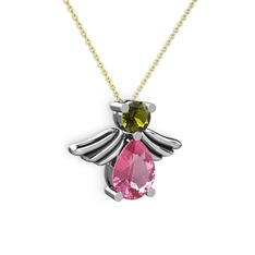 Fabriel Melek Kolye - Pembe kuvars ve peridot 8 ayar beyaz altın kolye (40 cm altın rolo zincir) #sz4tdk