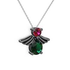 Yeşil kuvars ve rodolit garnet 925 ayar siyah rodyum kaplama gümüş kolye (40 cm beyaz altın rolo zincir)