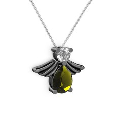 Fabriel Melek Kolye - Peridot ve swarovski 925 ayar siyah rodyum kaplama gümüş kolye (40 cm beyaz altın rolo zincir) #tl6paf