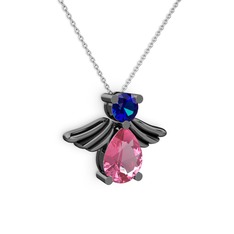Fabriel Melek Kolye - Pembe kuvars ve lab safir 925 ayar siyah rodyum kaplama gümüş kolye (40 cm beyaz altın rolo zincir) #utbyvi
