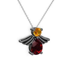 Garnet ve sitrin 925 ayar siyah rodyum kaplama gümüş kolye (40 cm gümüş rolo zincir)