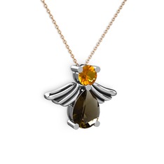 Dumanlı kuvars ve sitrin 8 ayar beyaz altın kolye (40 cm gümüş rolo zincir)