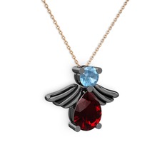 Garnet ve akuamarin 925 ayar siyah rodyum kaplama gümüş kolye (40 cm rose altın rolo zincir)