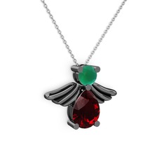 Fabriel Melek Kolye - Garnet ve kök zümrüt 925 ayar siyah rodyum kaplama gümüş kolye (40 cm beyaz altın rolo zincir) #x7sef3
