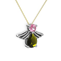 Peridot ve pembe kuvars 14 ayar beyaz altın kolye (40 cm altın rolo zincir)