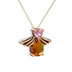 Sitrin ve pembe kuvars 14 ayar rose altın kolye (40 cm gümüş rolo zincir)