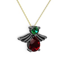 Fabriel Melek Kolye - Garnet ve yeşil kuvars 925 ayar siyah rodyum kaplama gümüş kolye (40 cm altın rolo zincir) #zi5owu