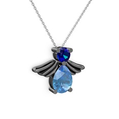Akuamarin ve lab safir 925 ayar siyah rodyum kaplama gümüş kolye (40 cm gümüş rolo zincir)