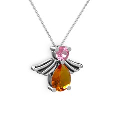 Fabriel Melek Kolye - Sitrin ve pembe kuvars 8 ayar beyaz altın kolye (40 cm beyaz altın rolo zincir) #zrnhw5