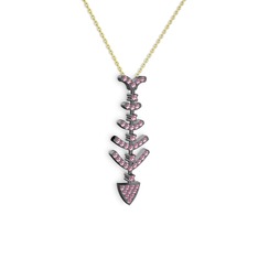 Taşlı Kılçık Kolye - Pembe kuvars 925 ayar siyah rodyum kaplama gümüş kolye (40 cm altın rolo zincir) #150ezqf