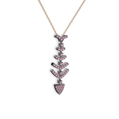 Taşlı Kılçık Kolye - Pembe kuvars 925 ayar siyah rodyum kaplama gümüş kolye (40 cm rose altın rolo zincir) #y1dxsi
