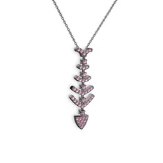 Taşlı Kılçık Kolye - Pembe kuvars 925 ayar siyah rodyum kaplama gümüş kolye (40 cm gümüş rolo zincir) #yw3qkr