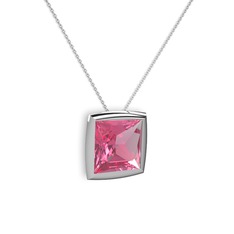 Pembe kuvars 18 ayar beyaz altın kolye (40 cm gümüş rolo zincir)