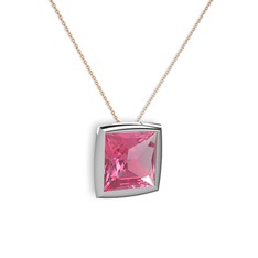 Pembe kuvars 18 ayar beyaz altın kolye (40 cm gümüş rolo zincir)