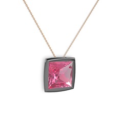 Tenda Kare Kolye - Pembe kuvars 925 ayar siyah rodyum kaplama gümüş kolye (40 cm gümüş rolo zincir) #1itnqcl